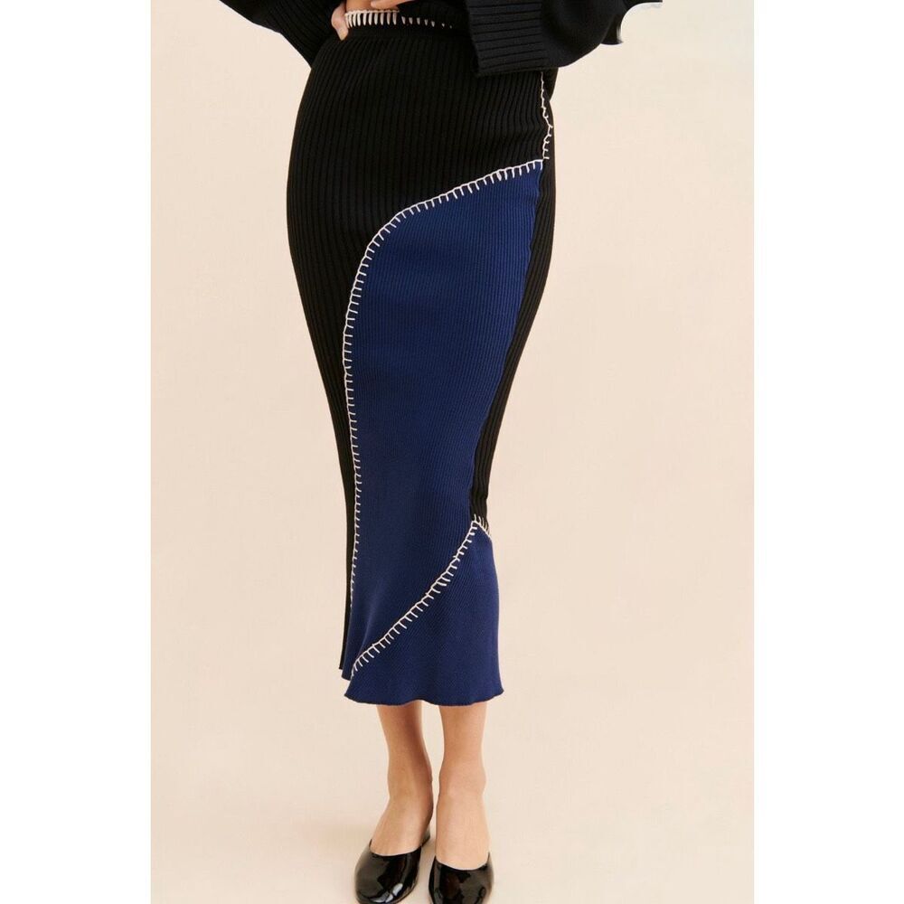 Another Girl Size M Ribbed Knit Midi Skirt midi Black Blue Colorblock Contrast S